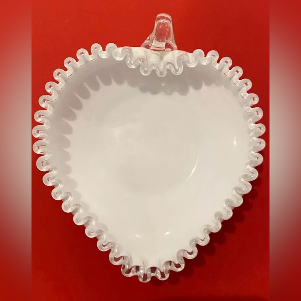 Vintage Fenton Heart Ruffle Silver Crest Milk Glass Candy Dish Bowl with Handle